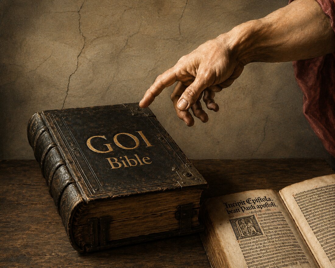 A classical-style painting of a hand reaching down toward an open Bible, evoking the GOI Bible project.